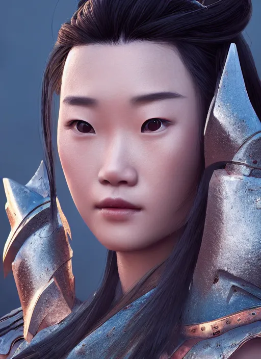 Prompt: Mulan wearing sculpted textured armor, close-up of the front of the face, super sophisticated texture, enhanced noise, by Guweiz and loish, split lighting, 4K resolution, symmetric, clear facial features, Unreal Engine 5,