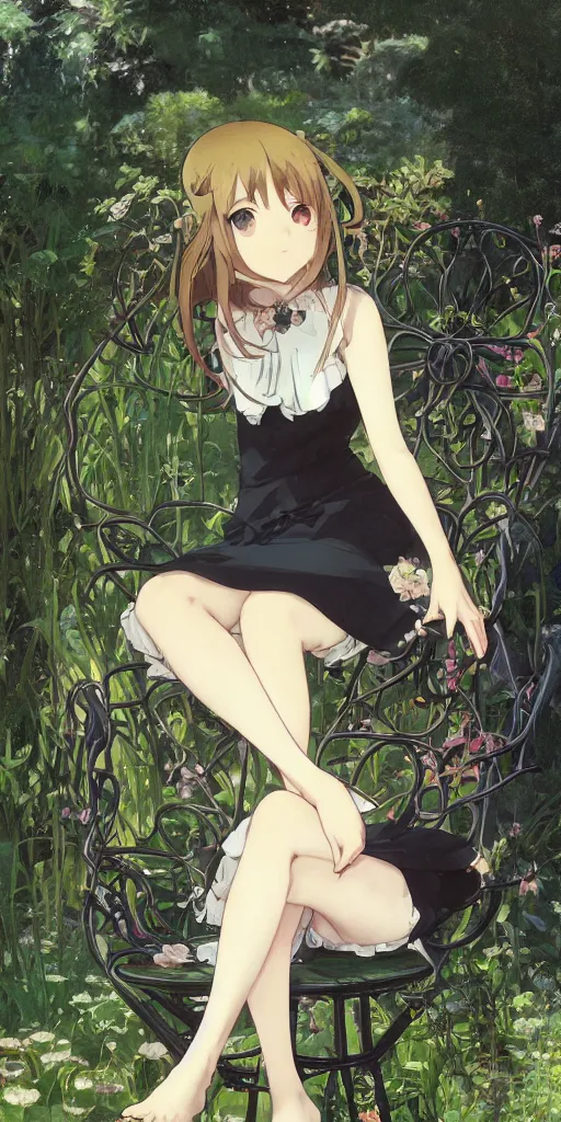 Prompt: a loli with long hair in a black dress sitting on a metal garden chair in the privet garden at afternoon, green and warm theme, back lighting, highly detailed, by krenz cushart and mucha and akihito yoshida and greg rutkowski and makoto shinkai and studio ghibli, detailed eyes, 4 k resolution, trending on art station