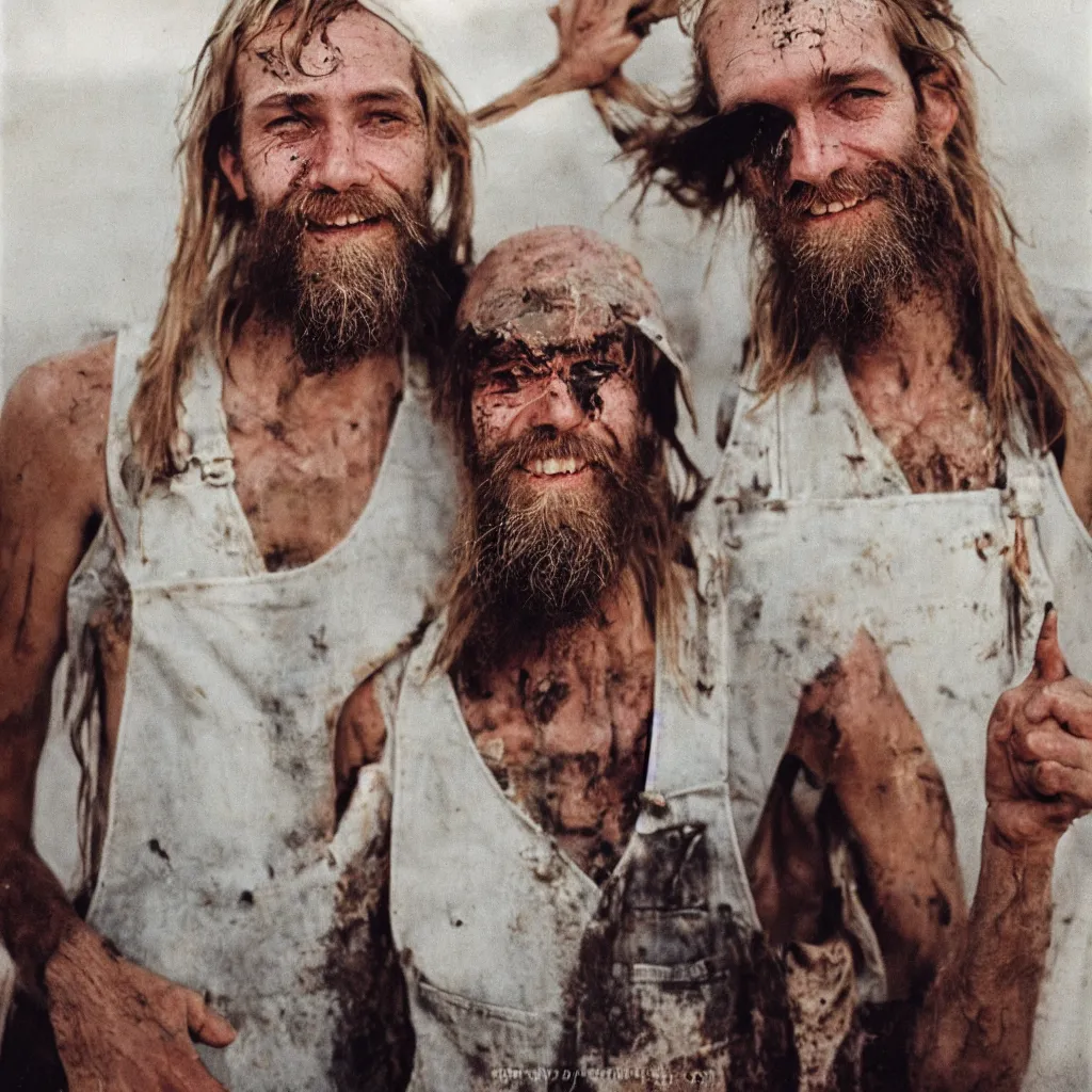 Image similar to extremely skinny malnourished redneck white male with long beard, wearing dirty overalls, dirty greasy face, grin, portrait, close up, kodak gold 2 0 0, 5 0 mm,