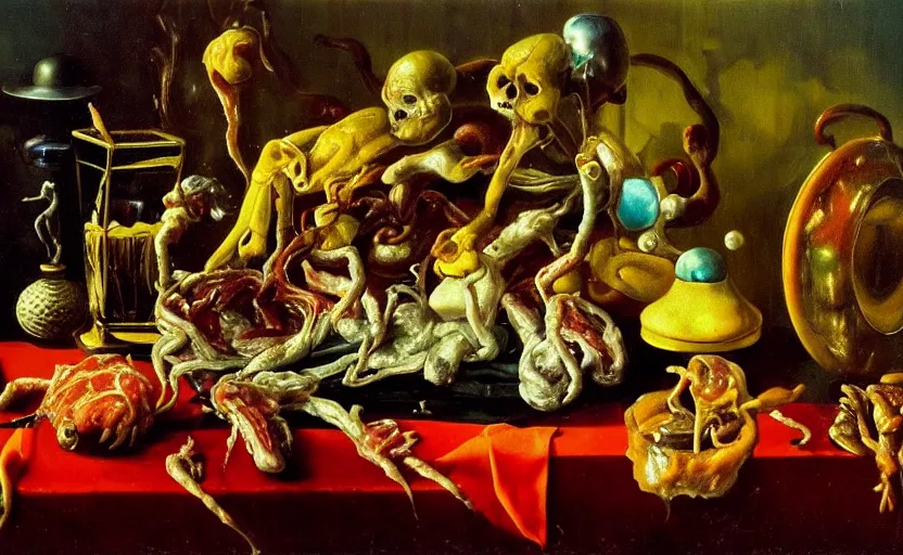 Prompt: disturbing colorful oil painting dutch golden age vanitas still life with bizarre objects strange gooey transparent surfaces shiny metal reflections bizarre mutant meat insects rachel ruysch dali todd schorr very detailed perfect composition rule of thirds masterpiece canon 5 0 mm, cinematic lighting, photography, retro, film, kodachrome