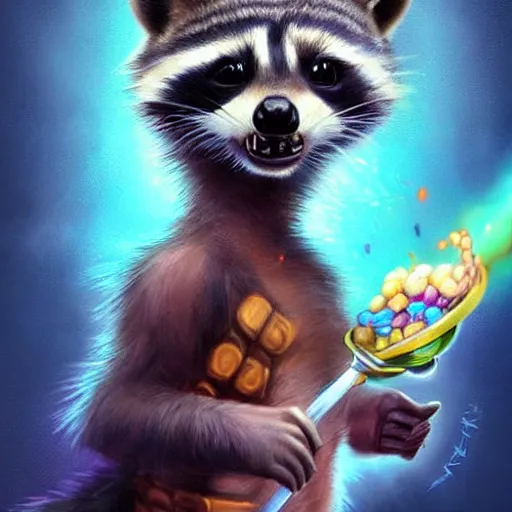 Image similar to epic professional digital airbrushed portrait art of a cute baby raccoon dressed as a magician,, best on artstation, cgsociety, wlop, Behance, pixiv, cosmic, epic, stunning, gorgeous,, masterpiece by Dorian Cleavanger and Stanley Lau,