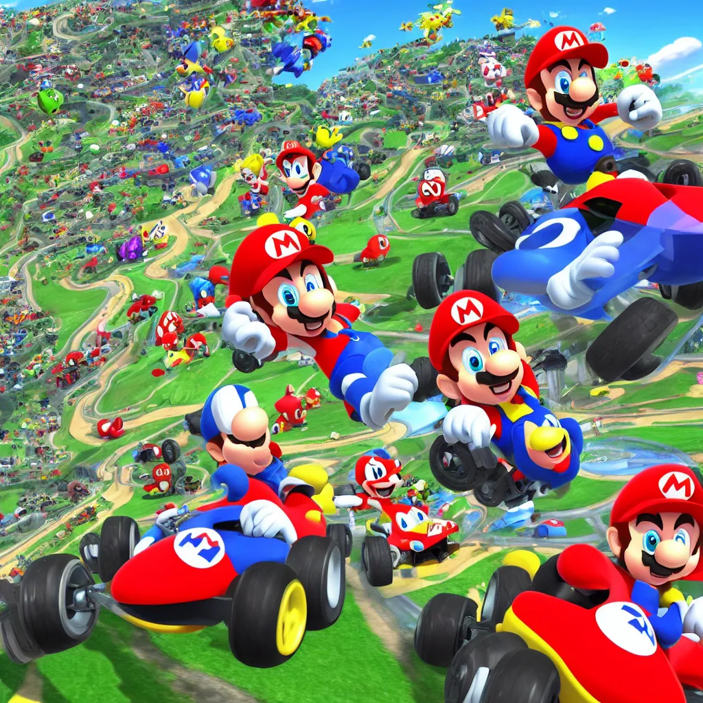 Prompt: new kart race game better then mario kart 8 deluxe from nintendo. made by supercell, disney, pixar.