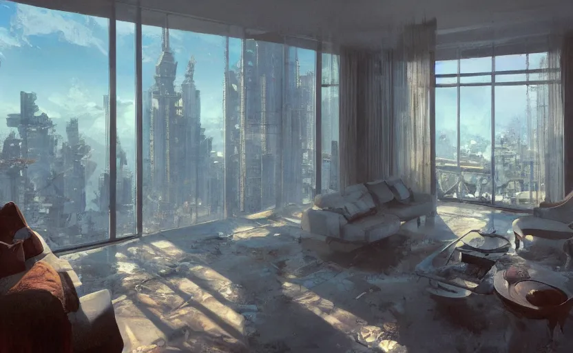 Image similar to penthouse, painting by Craig Mullins, octane rendering, soft morning lighting, wide angle lens, in the style of Hayao Miyazaki, trending on artstation,