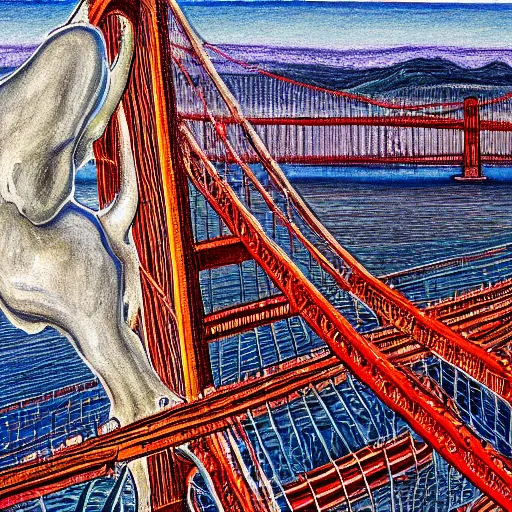 Image similar to giant bone creature standing in the ocean in front of the golden gate bridge, extreme detail, abstract realism, highly ornate intricate details, 1 9 2 0's colored pencil, 4 k, cinematic lighting,