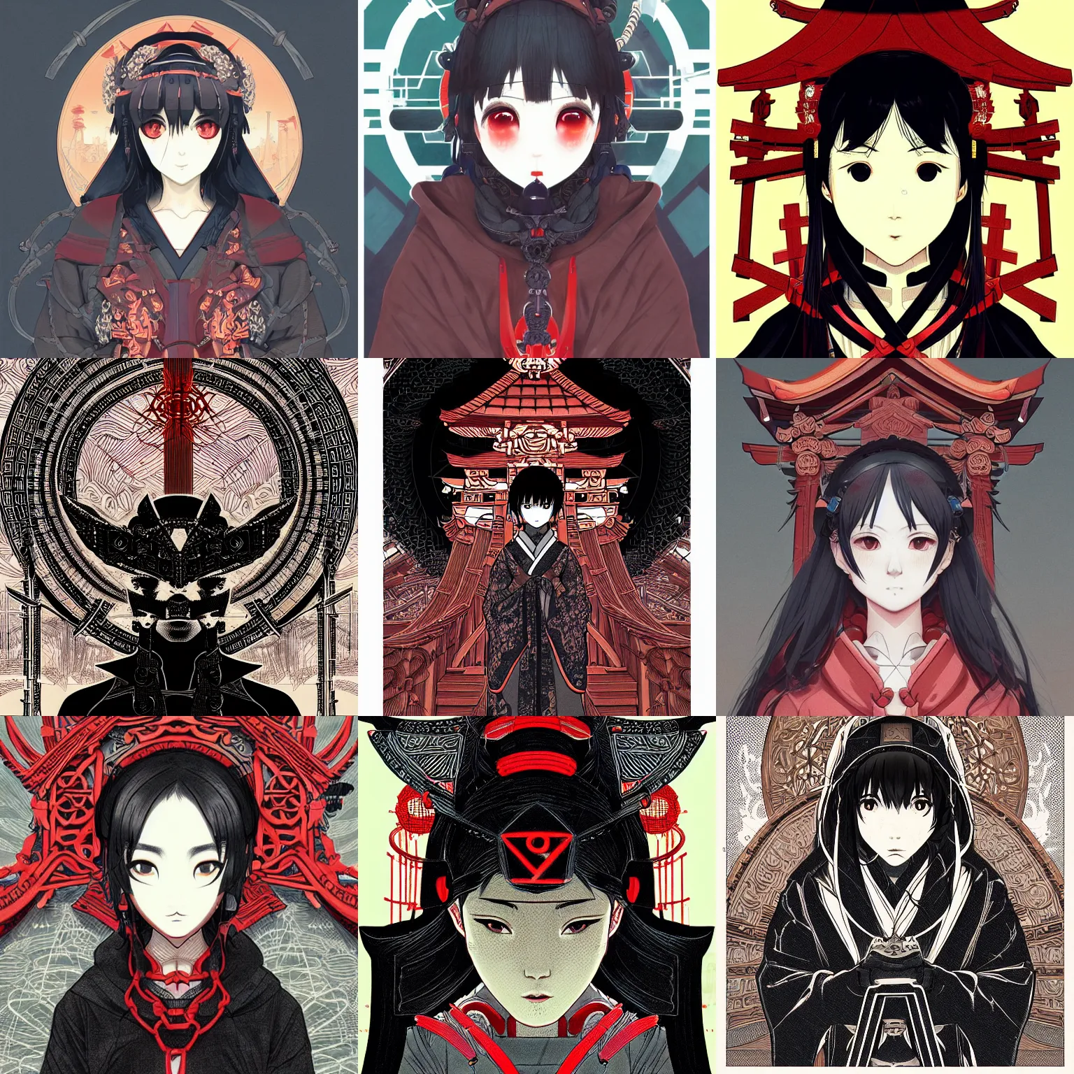 Prompt: techwear occultist, torii gate, inari shrine, miko, hime, beautiful, detailed symmetrical close up portrait, intricate complexity, in the style of kyoto animation keys and takato yamamoto, artgerm, cel shaded