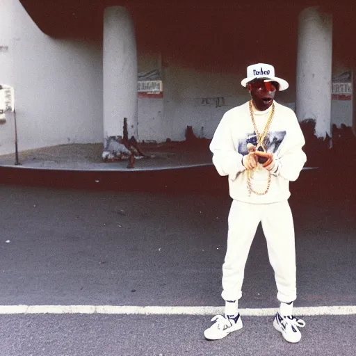 Image similar to 1985 the Bronx in New York. A photographic portrait of a tough rapper wearing a white jogging and white Adidas sneakers and a lot of gold necklace and a white sun hat and holding a gun and a getthoblaster. Gang vibes. Kodachrome. High quality press photography. A bit out of focus. 120mm. Washed out colors. Picture taken in the street of the Bronx. Summer day