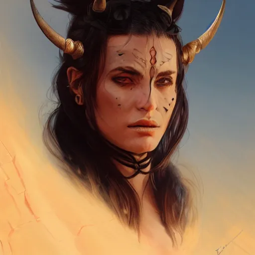 Prompt: portrait of a strong fierce female berber tiefling barbarian with devil horns and black hair in a ponytail in a desert, fantasy, highly detailed, digital painting, artstation, concept art, character art, art by greg rutkowski and tyler jacobson and alphonse mucha