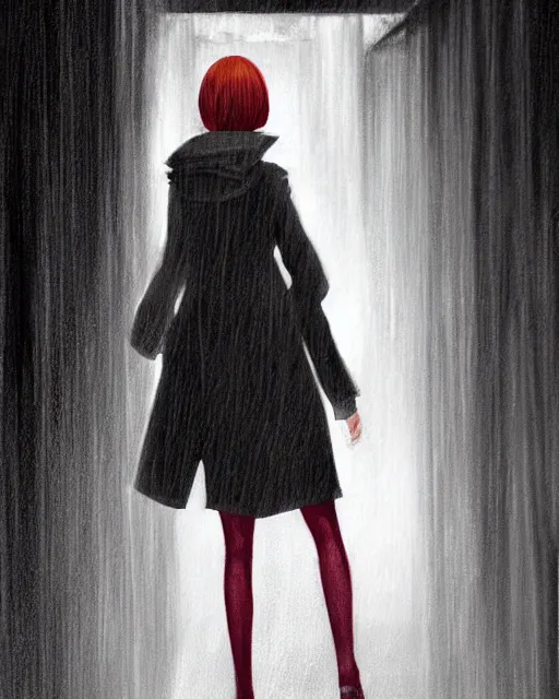 Prompt: A ultradetailed beautiful portrait painting of a mysterious redhaired woman in a trenchcoat walking towards me in a dark alley at night. concept art, trending on deviantart, film noire, Ilya Kuvshinov.