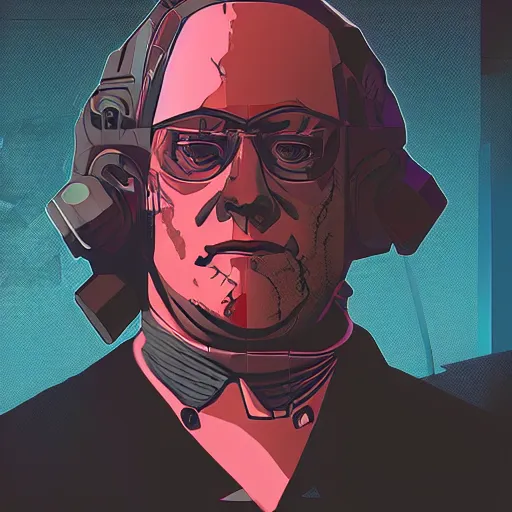 Image similar to cyberpunk benjamin franklin as the leader of a futuristic communist society, cybernetics, sharp lines, digital, artstation, colored in