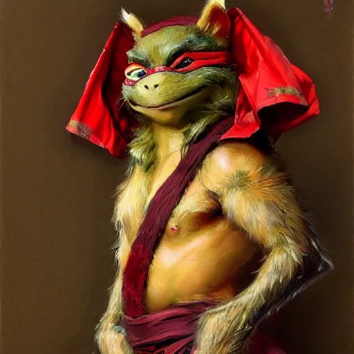 Image similar to a portrait of a furry splinter ninja turtles wearing a red kimono, hairy, furry body, furry arms, feet, tail. highly detailed painting by gaston bussiere, craig mullins, j. c. leyendecker, furry