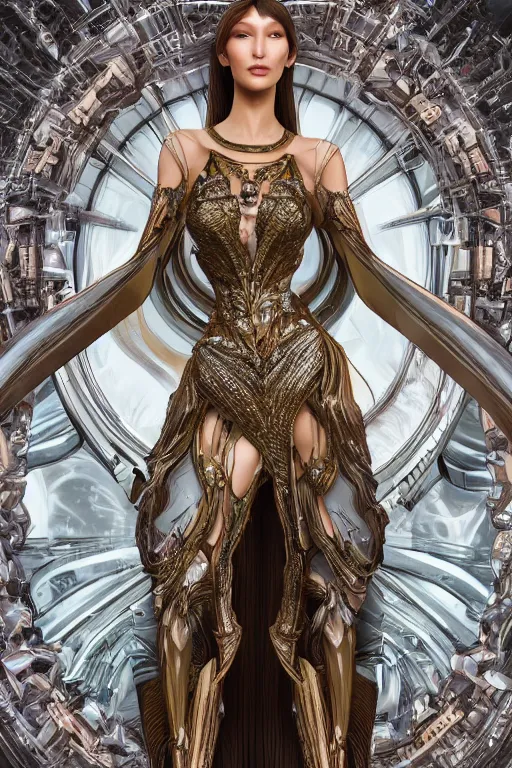 Image similar to a highly detailed 4 k render portrait of a beautiful tall alien goddess bella hadid in iris van herpen dress schiaparelli armor in diamonds and lots of jewelry in style of alphonse mucha trending on artstation made in unreal engine 4