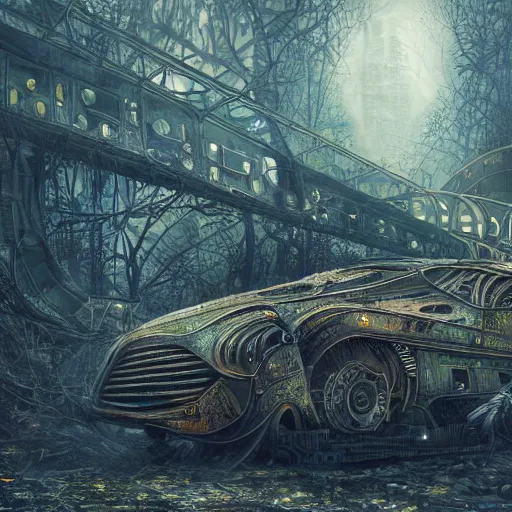 Prompt: highly detailed intricate digital painting of a derelict futuristic machine covered in mystical foliage, trending on artstation, 4k, award-winning art, beautiful somber melancholic atmosphere