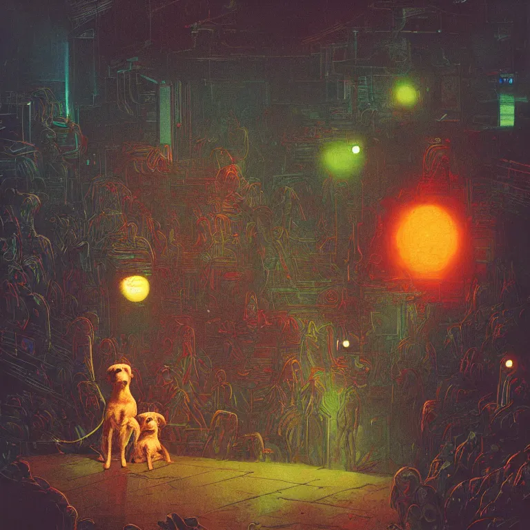 Prompt: two terrier dogs, watching a pop concert, bright colorful lights, crowded, excited atmosphere, digital art, concept art, trending on artstation, cinematic lighting, giger, beksinski, barlowe