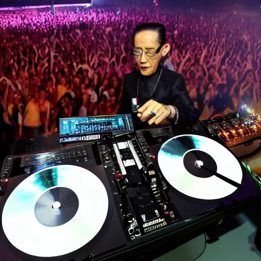 Image similar to DJ King Bhumibol spinning turntables during edm concert, photo, high quality