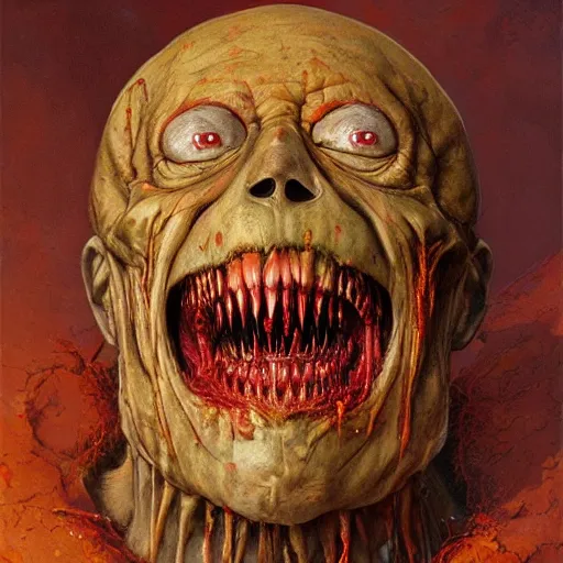 Image similar to elmo flesh eating worms, macabre, horror saw teeth, horror rotten teeth, peeling face skin, by donato giancola and greg rutkowski and wayne barlow and zdzisław beksinski, realistic face, visible face, digital art, artstation