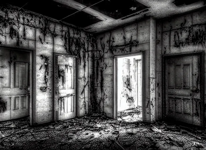 Image similar to creepy abandoned building at night, liminal space, nightmare fuel, grotesque, cursed, found footage, necromorph, back rooms