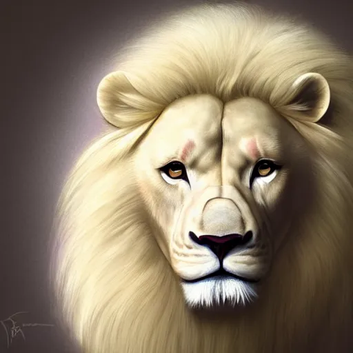 Image similar to a beautfiul aesthetic commission portrait of a anthro albino lion wearing a supreme t-shirt,attractive beautiful face,detailes face,natural lighting,fantasy art,deviantart,artstation,character design by charles bowater,ross tran,4k,photorealistic