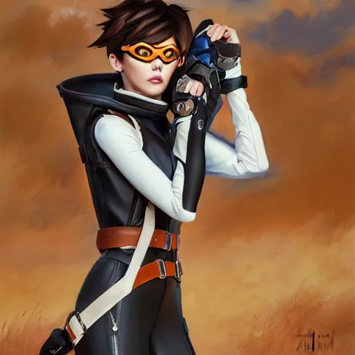 Image similar to oil painting of tracer overwatch in a field wearing very large leather belt choker collar around neck, in style of mark arian, expressive face, very detailed face, very detailed eyes, full body, feminine face, tracer overwatch,