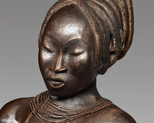 Prompt: detailed stylized realistic bronze sculpture depicting a himba woman