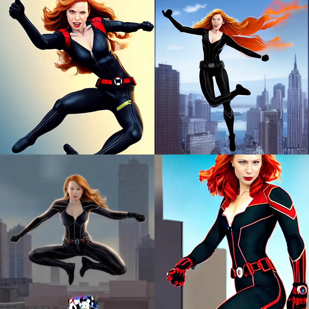 Image similar to Beautiful female Elyse Levesque as Black Widow Marvel smile and showing face:: action pose leaping in the air, acrobatic pose, exciting, fun, realistic character concept:: on rooftop of building:: comic book, illustration, slender symmetrical body, symmetrical face, full hand, full feet:: artstation, cinematic lighting, hyperdetailed, cgsociety, 8k, high resolution:: Tom Bagshaw, Joshua Middleton, Gottfried Helnwein, Rafeal Albuquerque comic:: insanely detailed and intricate