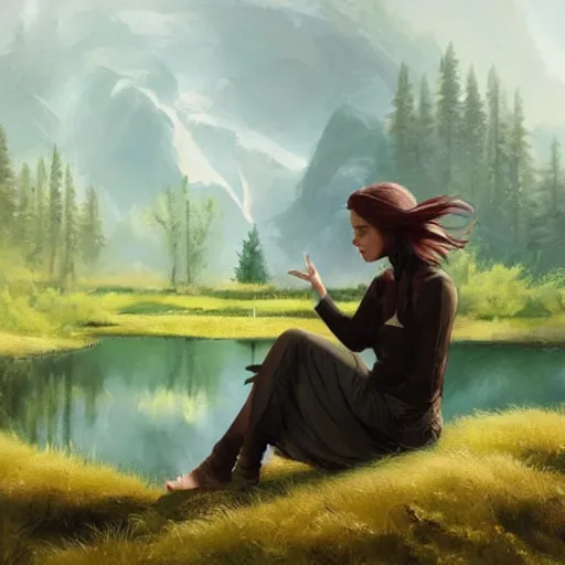 Prompt: humanoid bird, sitting at a pond, mountainous area, trees in the background, oil painting, by Fernanda Suarez and Greg Rutkowski