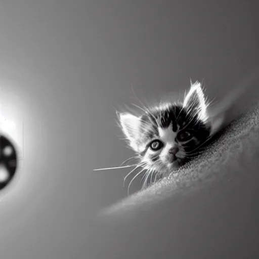 Image similar to very tiny kitten next to an atom, electron microscopy photography