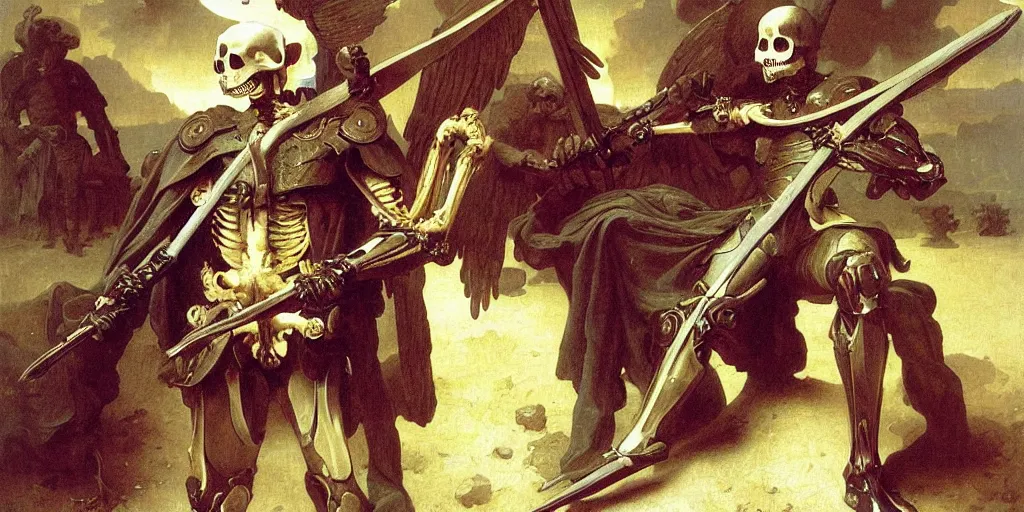 Image similar to portrait of a skeleton soldiers in the middle world, wearing helmets with wings, wearing european style armor, holding a sword in both hands, symmetrical, solemn, sacred, aura, by bouguereau