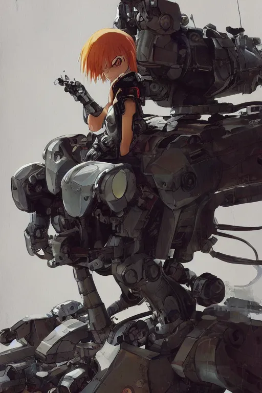 Prompt: Tank girl sitting on top of a anime mecha robot head, elegant, highly detailed, digital painting, artstation, concept art, smooth, flat brush strokes, illustration painted by Ashley wood and Bill Sienkiewicz, balanced composition, medium closeup