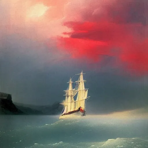 Image similar to minimalist symmetrical red clouds and green ocean in iceland fjord with tall sailboat painting by ivan aivazovsky