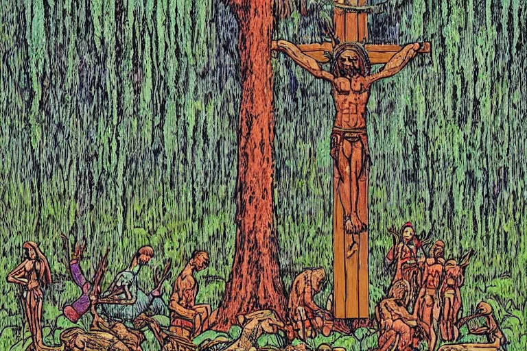 Prompt: scene from louisiana swamps, secret voodoo cult, crucifixion on a tree, artwork by jean giraud