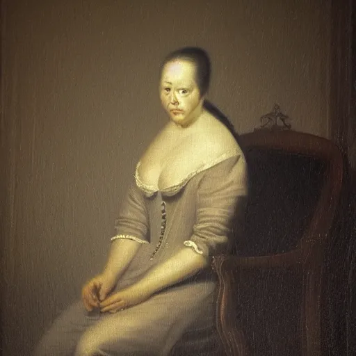 Image similar to a woman sitting on a chair inside of a dark, foreboding room, a dark figure ’ s face is depicted behind, 1 7 0 0 s oil painting, dark art, vignette, bloom effect, cgsociety, artstation, 4 k, 8 k