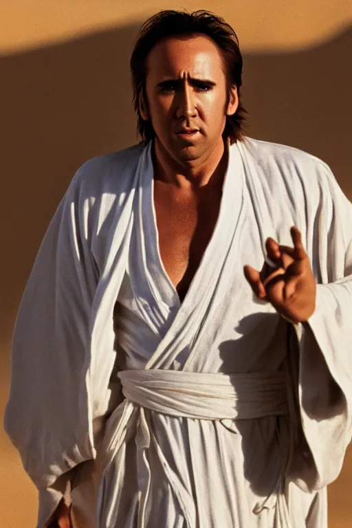 Image similar to A portrait photograph of Nicolas Cage as Luke Skywalker, wearing a white robe, in the dunes of Tatooine, award winning, by Annie Liebowitz