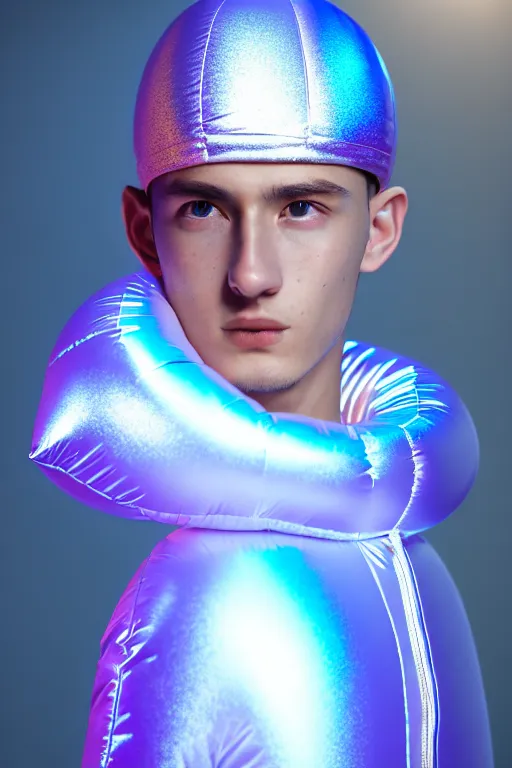 Image similar to un ultra high definition studio quality photographic art portrait of a young man standing on the rooftop of a british apartment building wearing soft baggy inflatable padded silver iridescent pearlescent clothing. three point light. extremely detailed. golden ratio, ray tracing, volumetric light, shallow depth of field. set dressed.