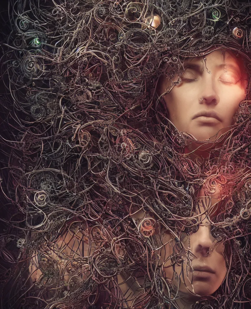 Image similar to beautiful portrait of the priestess of pain and sorrow, entangled in intricate tendrils, bio-mechanical cathedral, chaotic swirling ferrofluids, occult, octane render, glow, surreal dramatic lighting, intricate details and ornaments, 8k, cinematic, blur, shallow depth of field, neuro web, plasma, neon