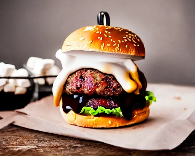 Image similar to dslr food photograph of burger with marshmallows in it, some chocolate sauce, 8 5 mm f 1. 4