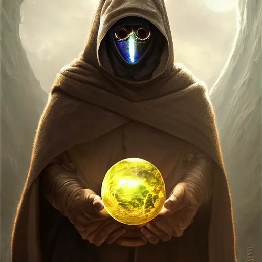 Image similar to masked nomad male wearing a cloak on an alien world and holding a holographic planet projection in his hand, detailed, sci - fi, digital painting, artstation, sharp focus, illustration, ominous, artgerm, tomasz alen kopera, peter mohrbacher, donato giancola, joseph christian leyendecker, wlop, frank frazetta