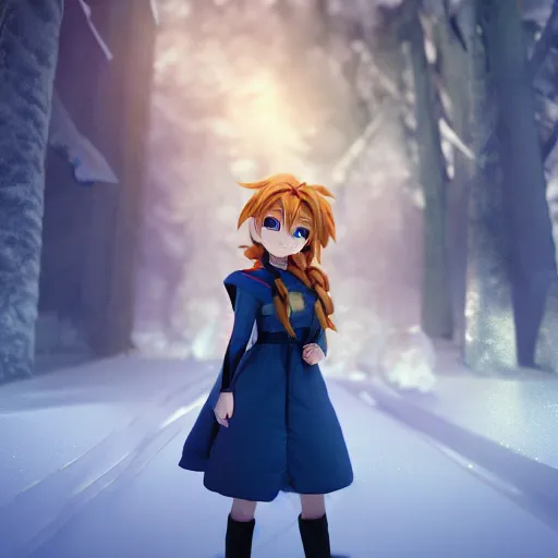 Image similar to portrait focus of super saiyan beautiful 3 d anime girl posing, frozen ice dark forest background, snowing, bokeh, inspired by masami kurumada, octane render, volumetric lighting