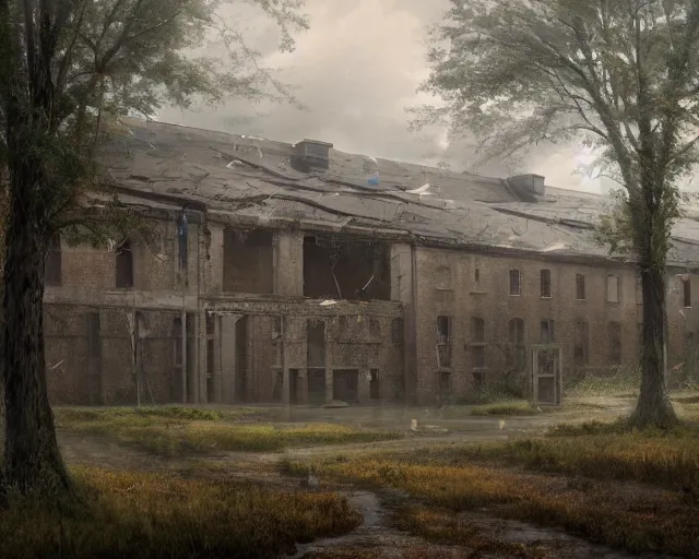 Image similar to A ruined school, heavy rain, full of trees, amazing scale, detailed matte painting, oil on canvas, digital art, trending on Artstation, HD, 4k, post-processing, landscape