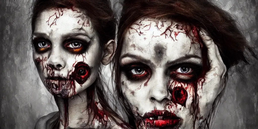 Image similar to portrait art, the most beautiful androgenous zombies, seductive, detailed striking eyes filled with life and death