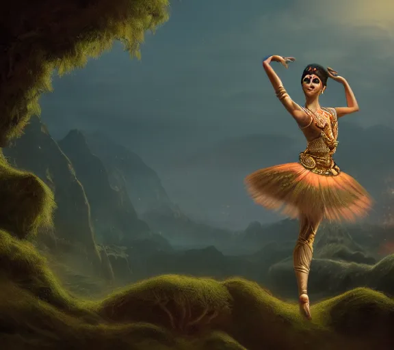 Image similar to a beautiful concept art of hindu god ballerina in a serene landscape, octane, cinematic lighting, detailed, artstation