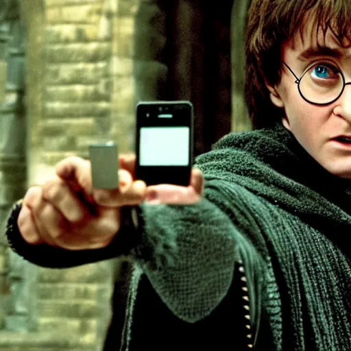 Prompt: movie still of harry potter holding an iphone in hogwarts, movie, harry potter, screenshot, detailed