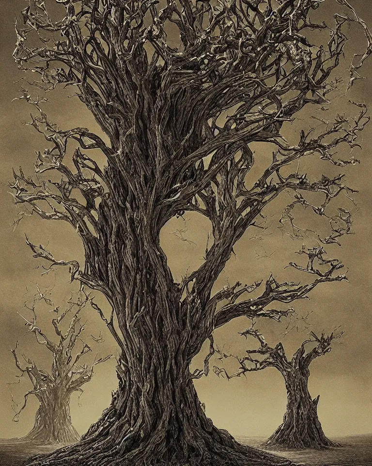 Prompt: Book cover artwork of the mythical tree of life, which is made of agonizing human beings and various limbs, and which has grown in the middle of a desert and is seen from a distance. Artwork influenced by Gustave Doré and other fantasy artists.