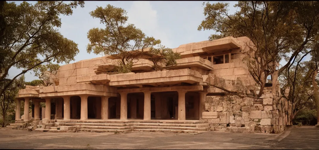 Prompt: ancient greek building designed by frank lloyd wright. fujinon premista 1 9 - 4 5 mm t 2. 9. portra 8 0 0.