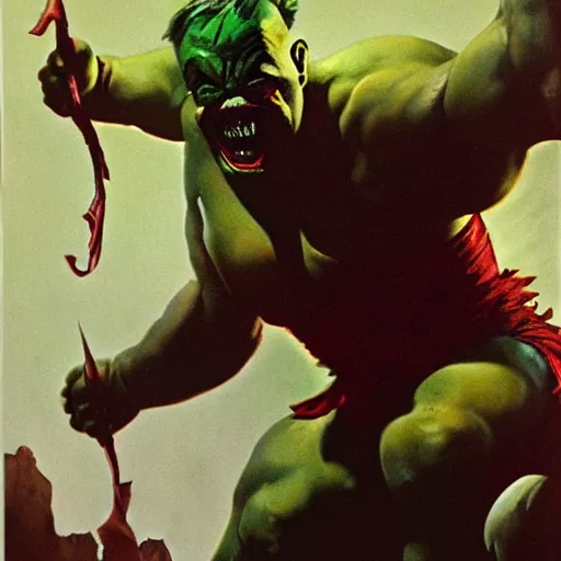 Image similar to frank frazetta the hulk as pennywise, whole body shot, 8 k, realistic, photo real, smooth, sharp, intricate detail, hyper detail, dramatic lighting, dramatic shading