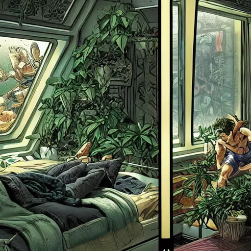 Image similar to Interior of a bedroom on a spaceship, through a large window outer space is visible, spread out around the room are lush plants, intricate, elegant, highly detailed, smooth, sharp focus, detailed face, high contrast, graphic novel, art by Ardian Syaf and Michael Choi,