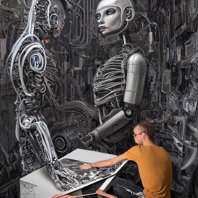 Image similar to robot artist painting a self - portrait on a canvas. intricate, highly detailed, digital matte painting in the style of h. r. giger. irony, recursion, inspiration.
