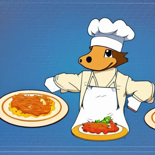 Prompt: anime style cute platypus on a kitchen wearing a chef hat and holding a lasagna into an oven, anime style, 3 d, chibi style