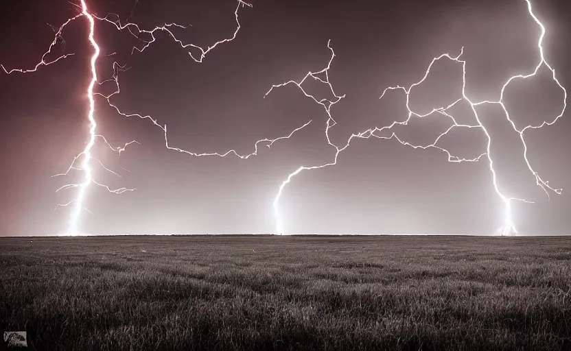 Image similar to red lightning bolts shoot from the ground, dark night, field, fire is visible on the horizon, high contrast, unsettling photo