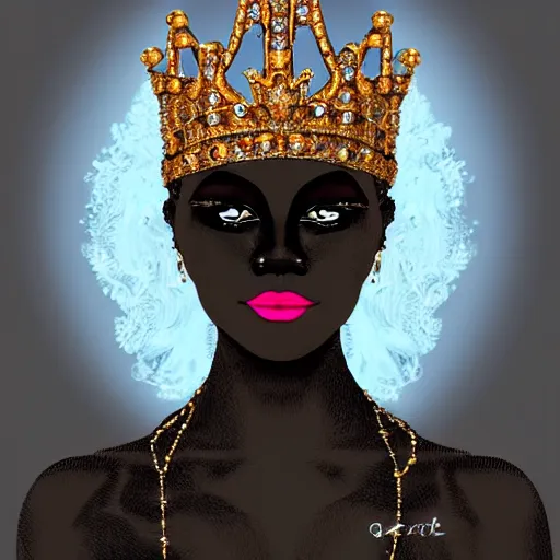 Prompt: a beautiful portrait of Black cat as a queen with a golden crown an jewelry, 8k ultra realistic details, digital art