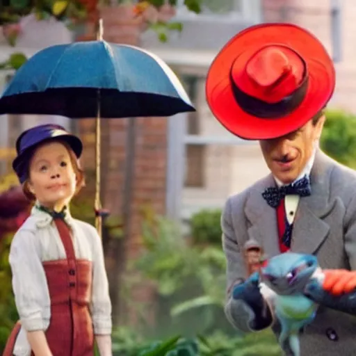 Prompt: a still of from the movie mary poppins crossover with the game pokemon snap